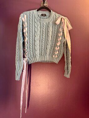 VICI Blue Cable Knit Ribbon Sweater